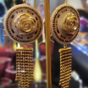 Beaded Rose Dangle Earrings in Gold and White