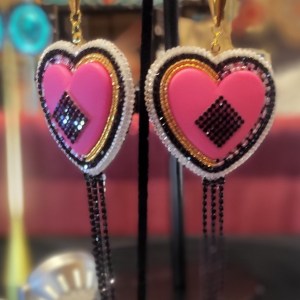Heart and Diamond Earrings in Pink, Black, Gold and White